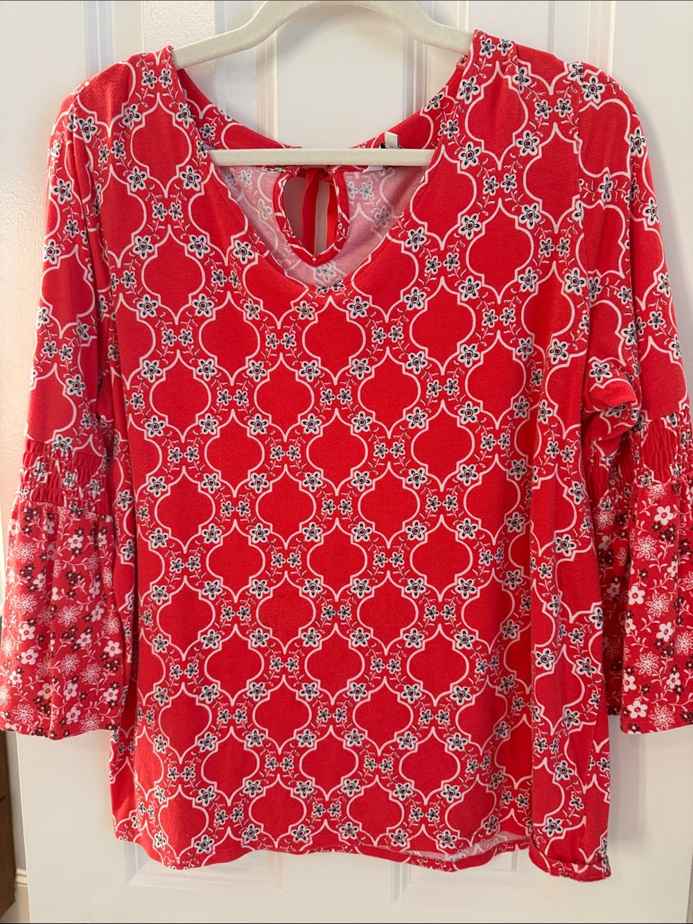 crown & ivy Bright Orange Patterned V-Neck Blouse
